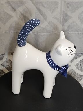 Vintage 1984 Enesco Blue Polka Dot White Upright Whimsical Ceramic Cat Figurine
